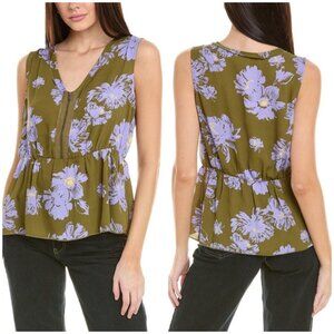 CABI Celebrity Floral Print V-Neck Sleeveless Peplum Top in  Olive Green, Lavand